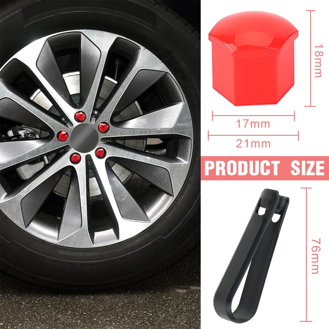 20 Pezzi Copri Dadi Ruota 17Mm Copridado Bullone Ruota Copri Dado Esagonale Per Pneumatici Con Set Di Strumenti Di Rimozione Per Auto Rosso