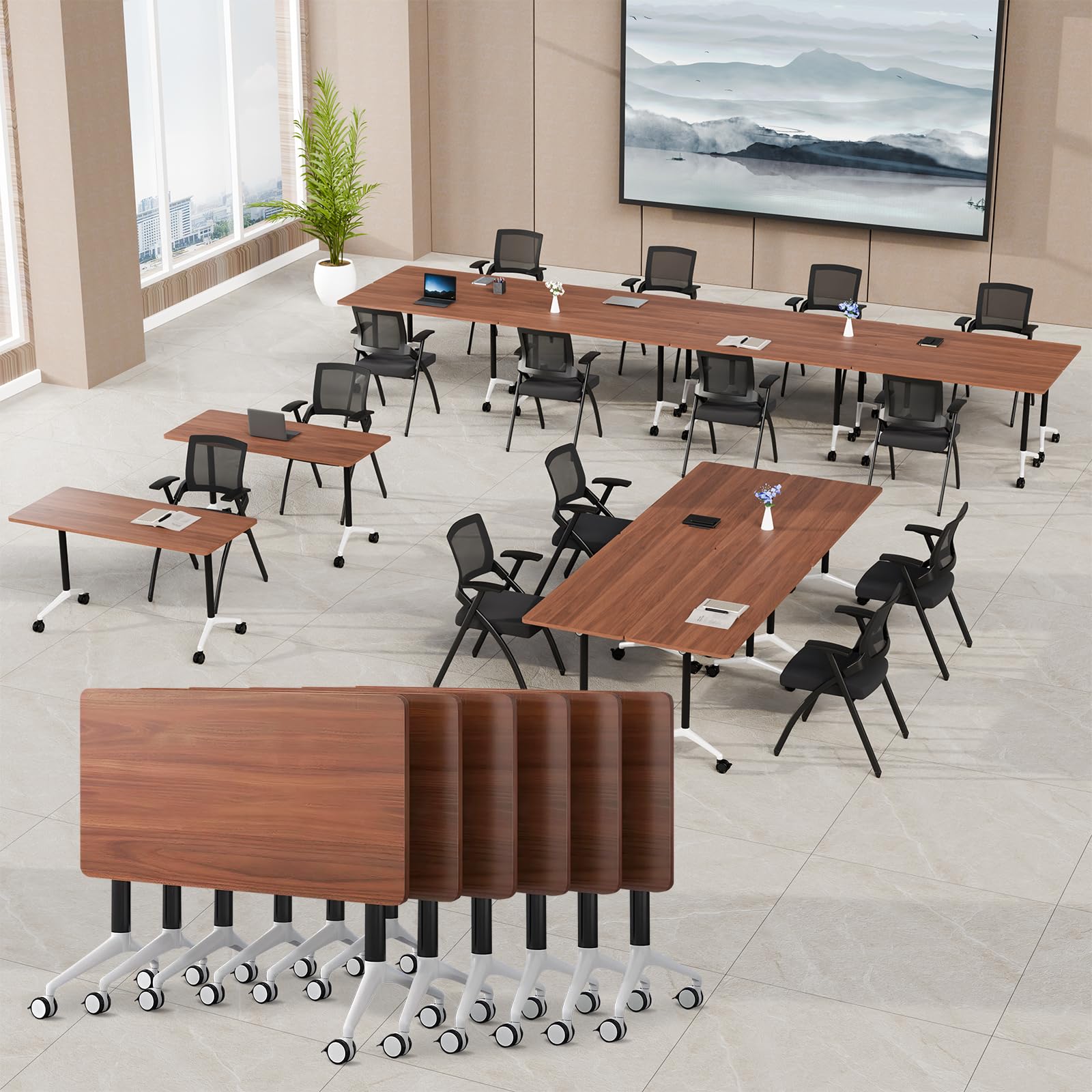 Folding Conference Table, Foldable Conference Room Table with Wheels, Modern Large Mobile Rolling Meeting Table, Flip Top Mobile Training Tables for