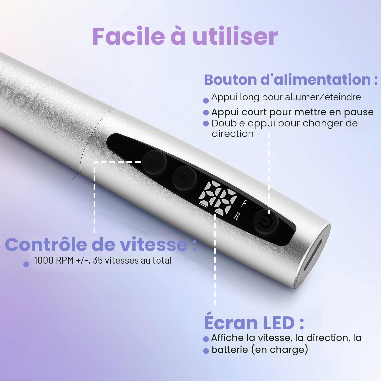 Xoali Ponceuse pour Ongles Professionnel 35000 tr/min,13 en 1 Lime a Ongle Electrique Sans Fil avec écran LCD,Kit de Manucure Pédicure Vitesse Réglable (Silver)