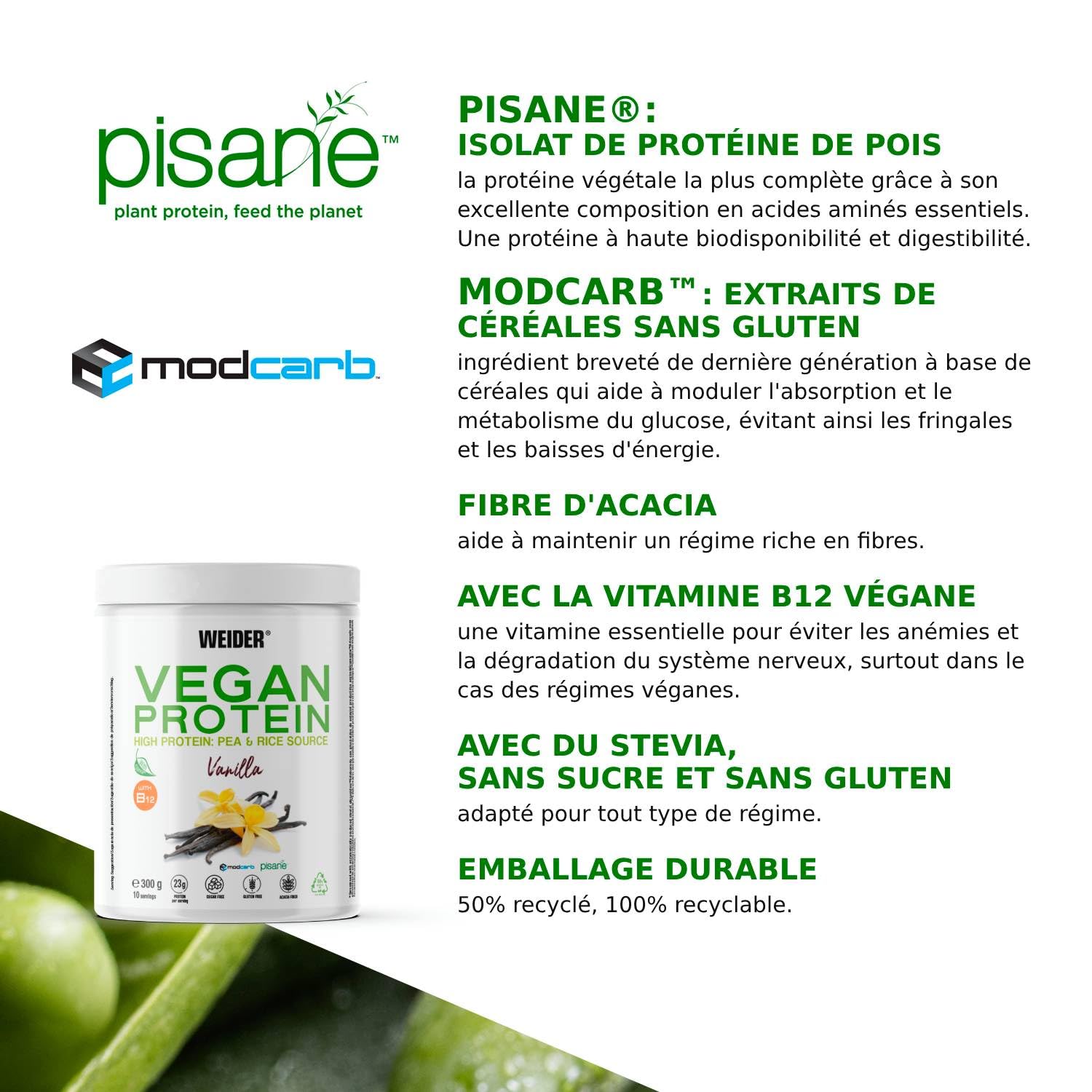Weider Vegan Protein PACK DUO (2x300g) Goût Vanille et Chocolat. Protéines 100% Vegetal d'Isolat Pois & Riz. Avec Vitamine B12 & Stevia. Sans Gluten, Sans Sucre. Emballage 50% Recyclé, 100% Recyclable