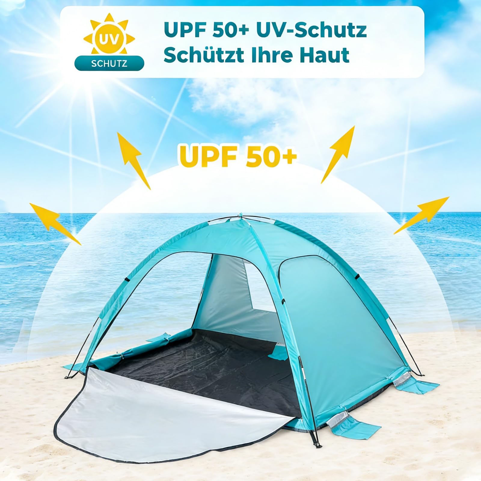 Strandmuschel, UV Schutz 50+ Familie Zelt für 3-4 Personen, Belüftung Strandzelt mit 3 Reißverschluss Türen und 1 Netzfenster, Tragbar Windschutz Sonnenschutz Strandzelt für Strand, Garten