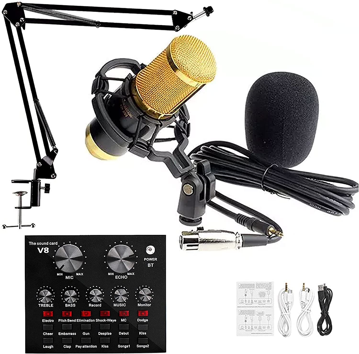 Pacchetto Microfono a condensatore, Scheda Audio Live con Effetti e Cambia Voce, Microfono cardioide con Braccio a Forbice con Sospensione Regolabile, Mini Mixer Audio con Effetti sonor