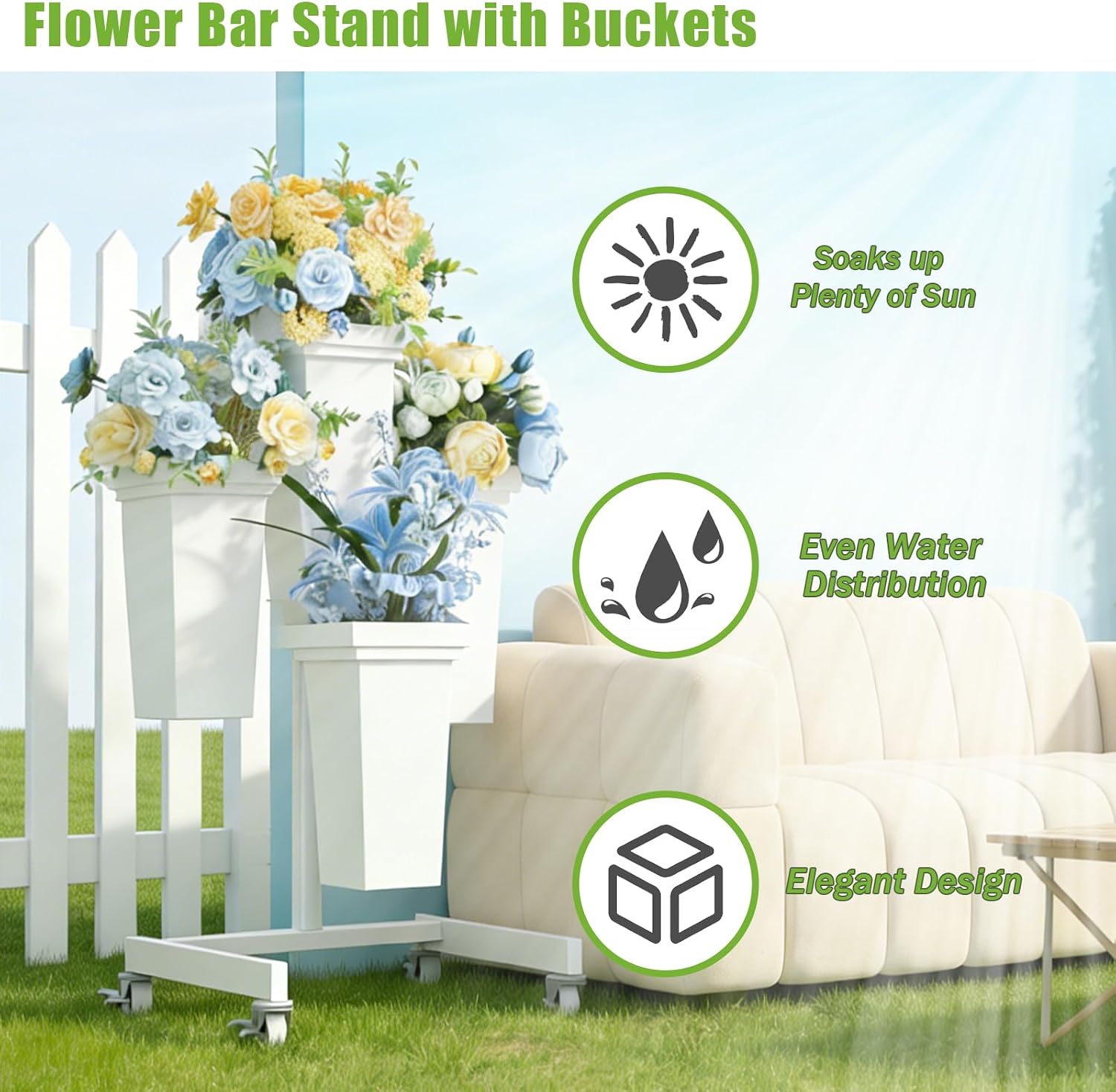 aboxoo Flower Display Stand with Buckets, Sturdy Flower Cart with Wheels, Metal Bouquet Bar for Wedding, Party, Patio, Bridal Shower