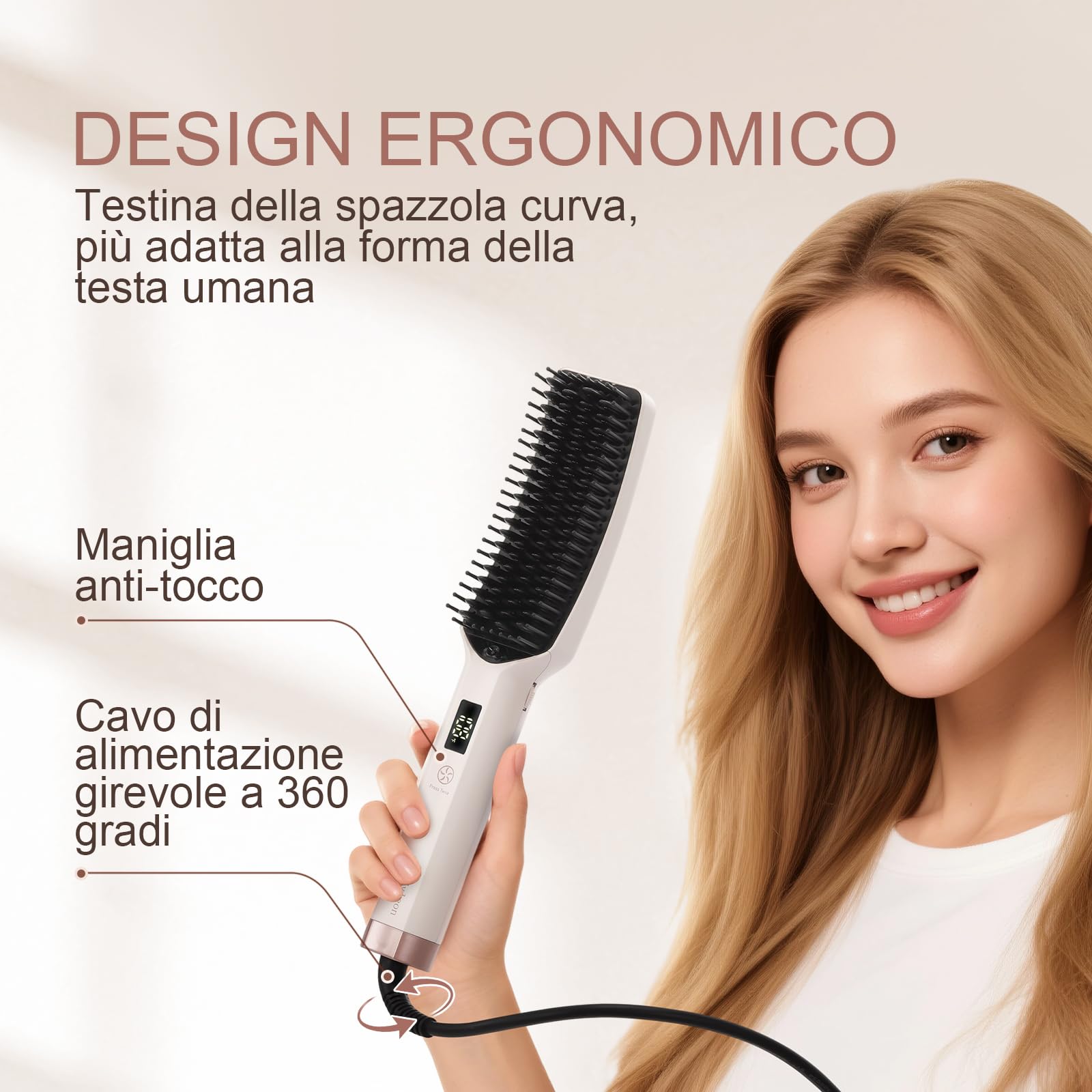 Spazzola Lisciante Professionale a Ioni Ceramica, 16 Livelli di Temperatura (80-230°C) – Riscaldamento Rapido, Doppia Tensione (100V-240V) – Ideale per Styling Liscio, Lucente e Anti-Crespo