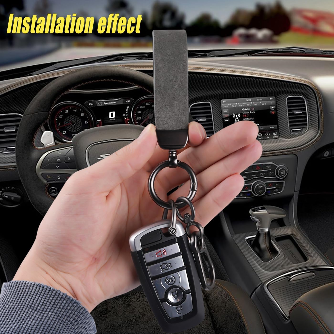 WJS Leather Car Keychain for Men & Women - Zinc Alloy Key Fob Holder with Anti-Loss D-Ring