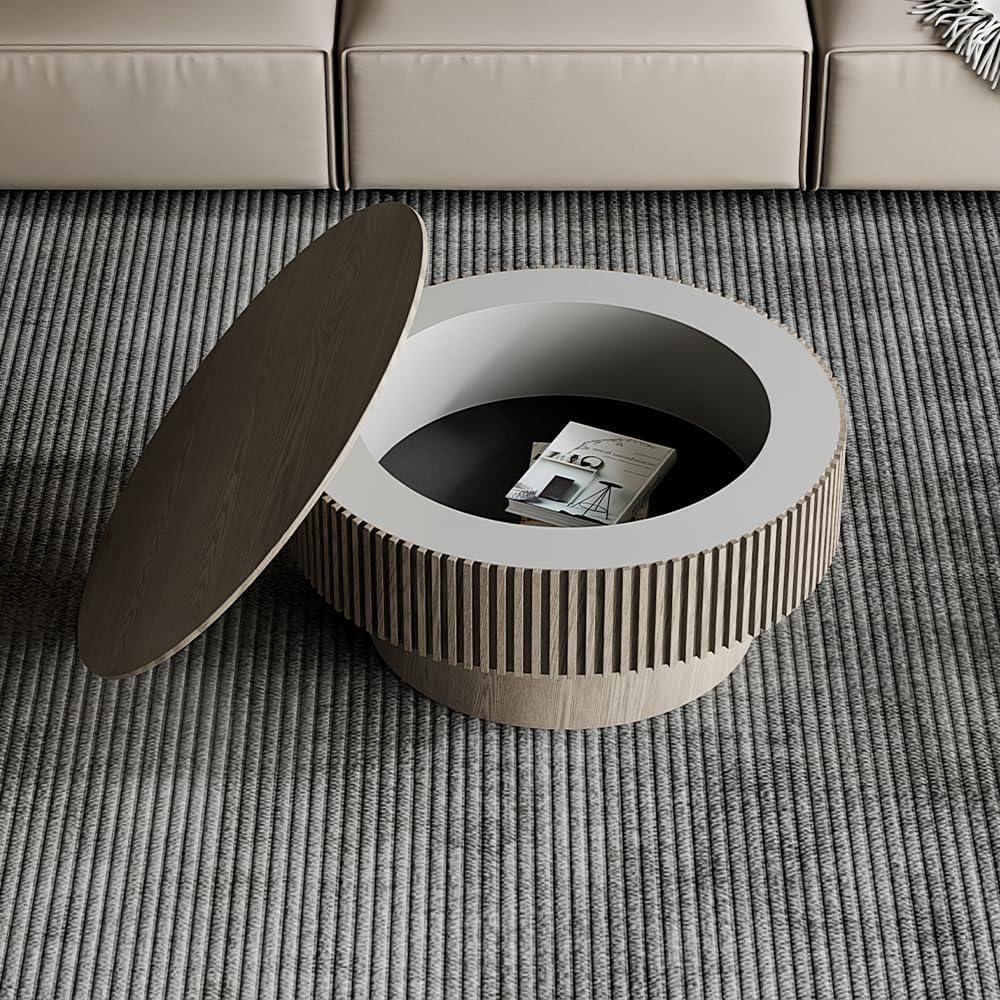 WILLIAMSPACE 31.5" Round Coffee Table with Storage, Modern Luxury Circle Drum Center Table with Solid Wood Veneered, Accent Side Table End Table for Living Room Apartment, ø31.5" x 14"H (Gray)