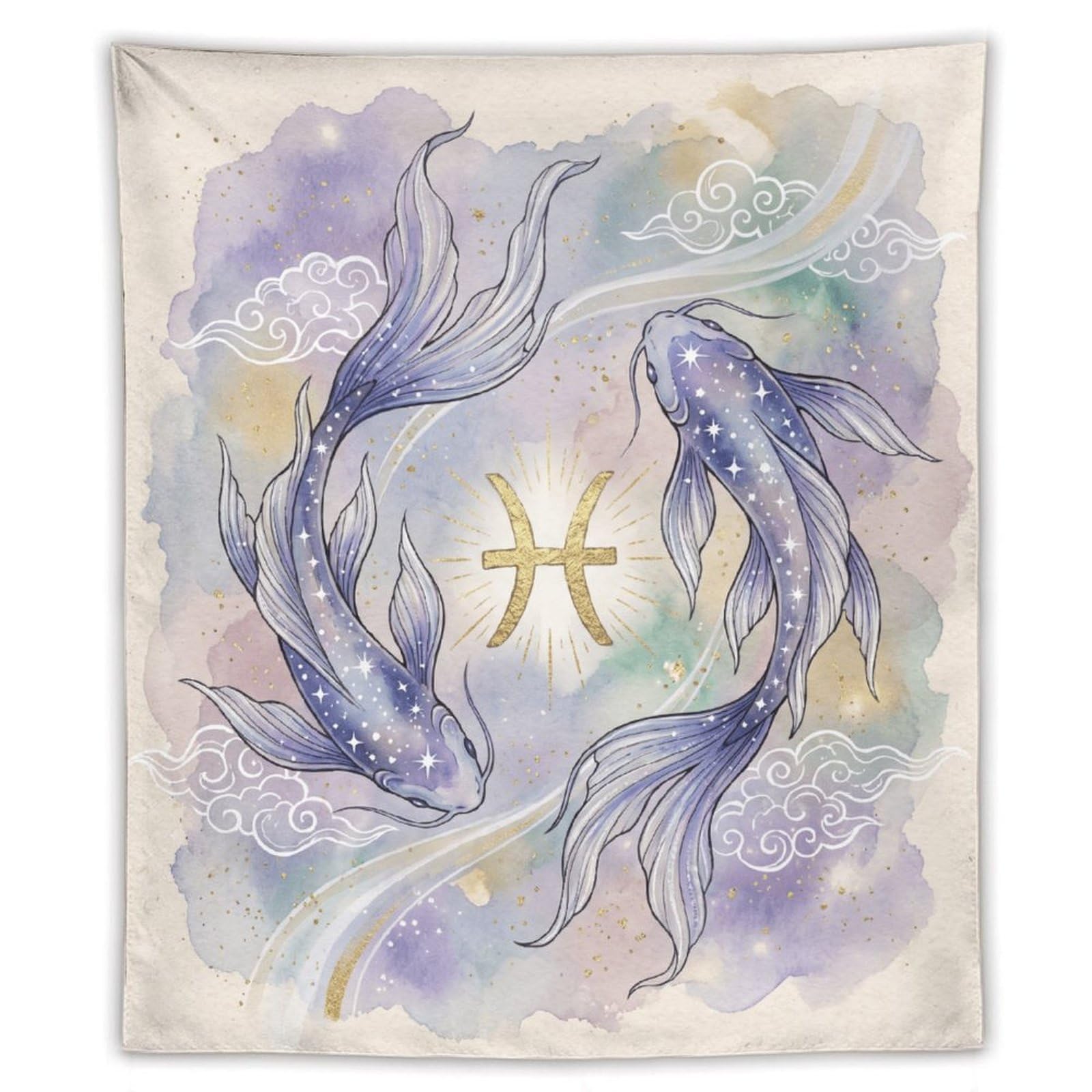 H3B8U2Y5 Pisces Koi Watercolor Wall Tapestry, Ukiyo-e, Tranquil Pond