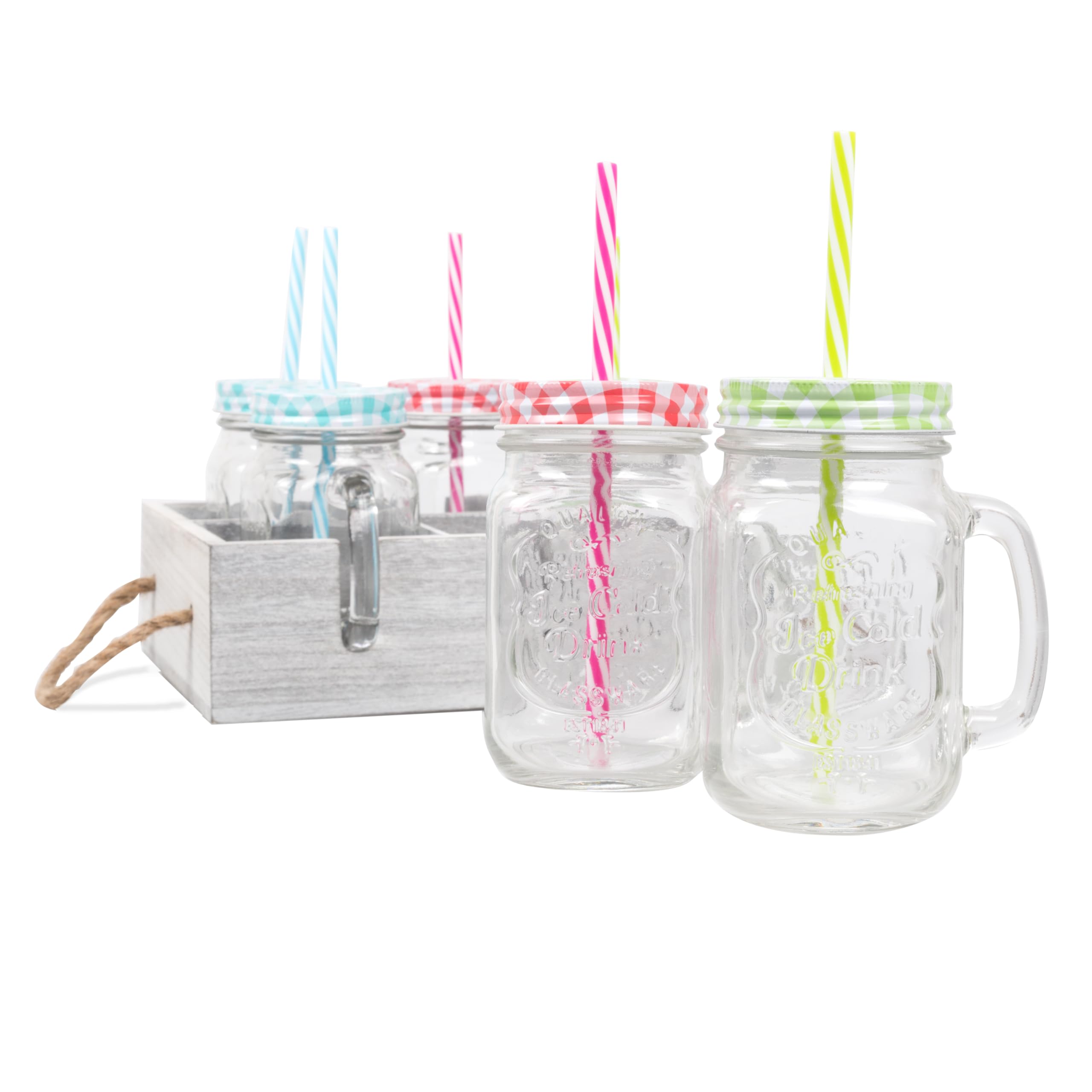 Amazon.com: D'Eco Mason Jar Tray Set - 6 Mason Jars (16 oz ea) w/Colorful  Lids & Reusable Straws & - Includes Wooden Tray for Easy Carrying, Serving,  and Travel - Great for