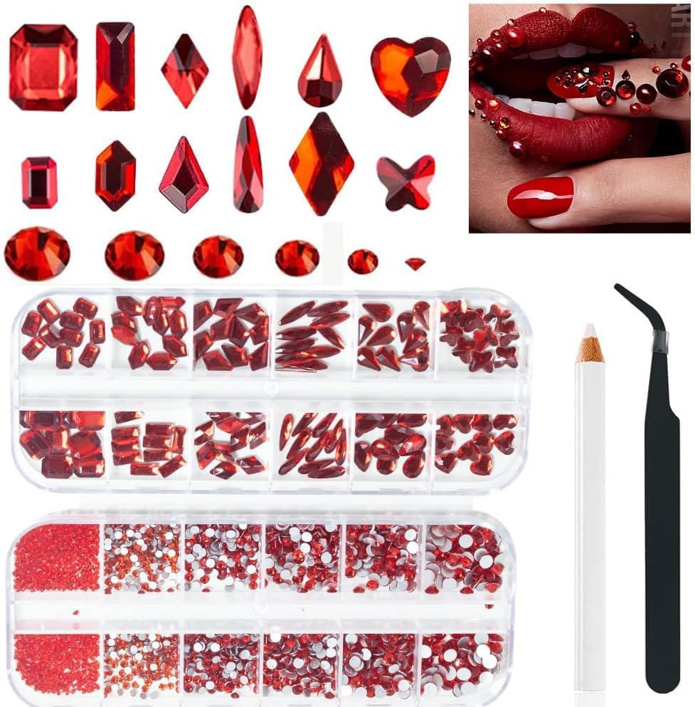 2680 Pcs 3D Red Nail Rhinestones, 120Pcs Big Red Glass Crystal Nail Gems Stones Charms Stones with Bling Diamond Flatback Round Beads, Clear Charm
