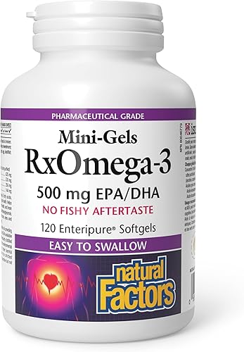 Natural Factors RxOmega-3 Factors Mini-Gels apoya la salud cardiovascular con Omega-3 DHA y EPA 120 cápsulas blandas