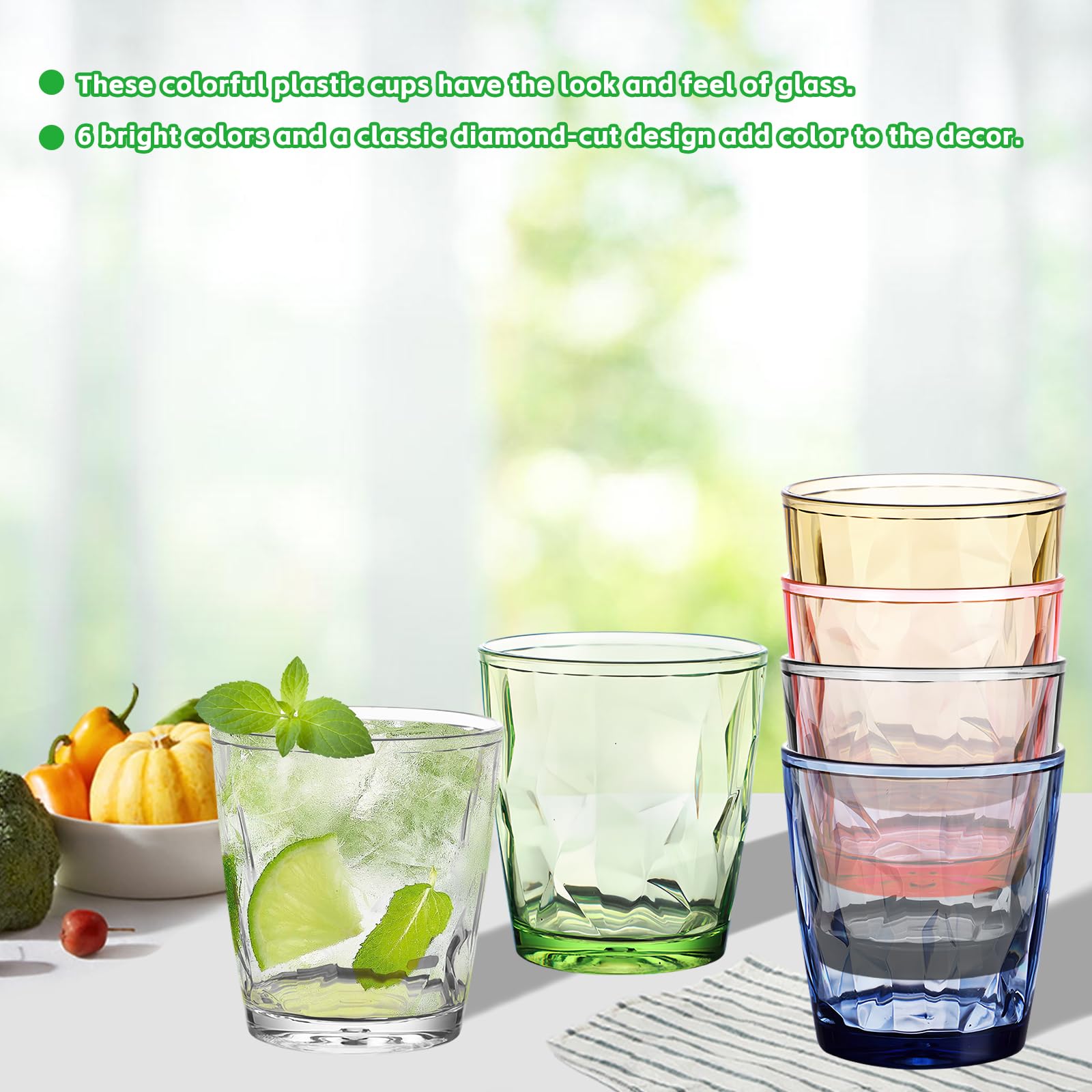 BYZESTY Szklanki do wody z tworzywa sztucznego, 6 sztuk, kolorowe kubki z tworzywa sztucznego, zestaw szklanek do wody, wielokrotnego użytku, plastikowe kubki, kolorowe szklanki do picia, zestaw do