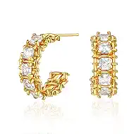 VALLOEY ROVER Gold Hoop Earrings for Women 14K Gold Plated Open Hoops Moon CZ Pearl Bar Earring with 925 Sterling Silver Post Small Simple Handmade Hypoallergenic Everyday Jewelry Gift for Women