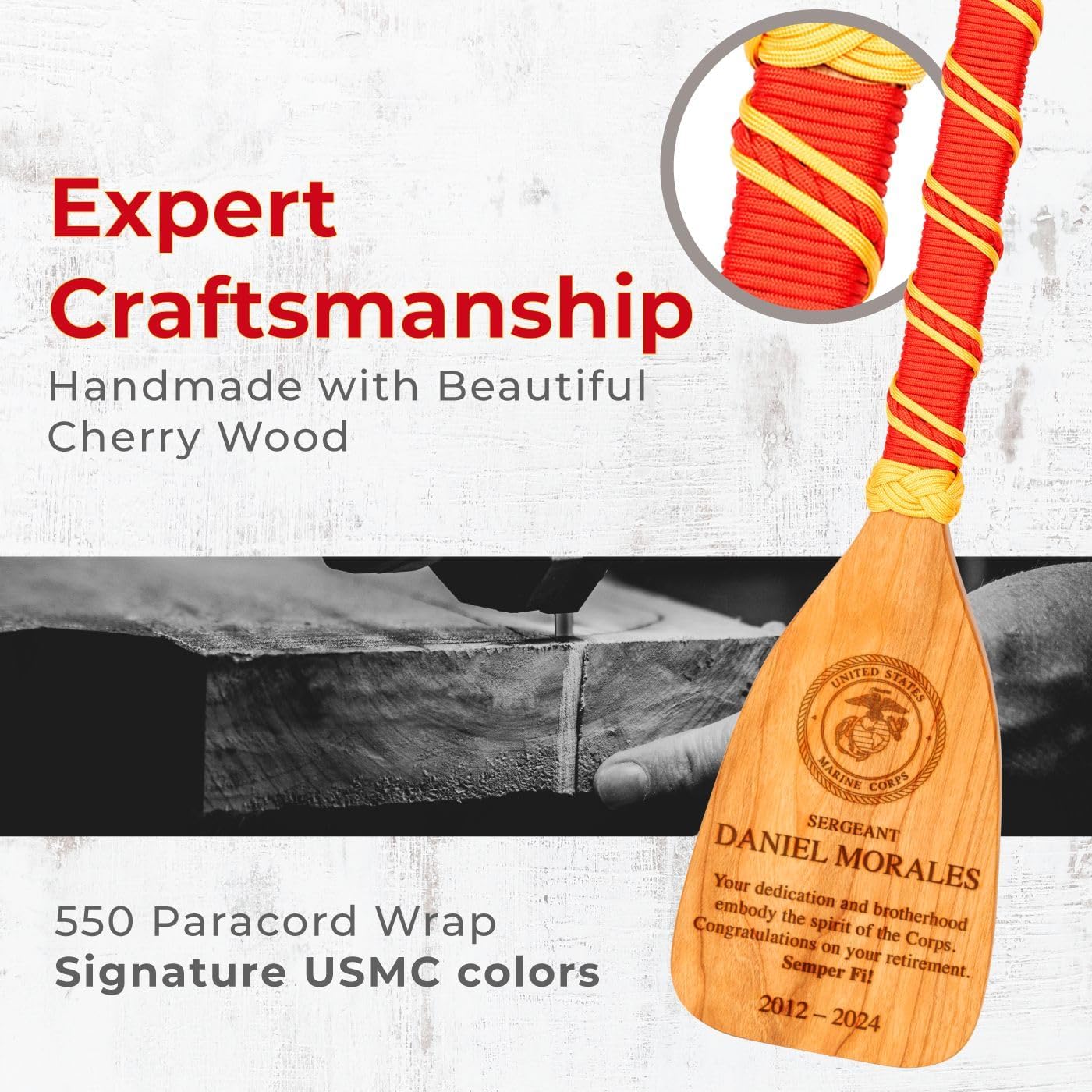 Personalized US Marine Corps Paddle – 24" Solid Cherry Wood Military Award with 550 Paracord Handle | Engraved USMC Gift for Retirement or Farewell