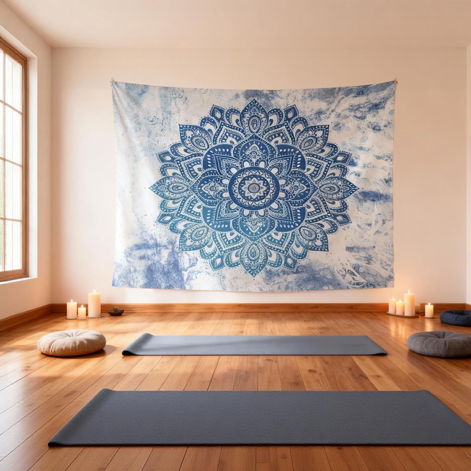 Yosugar Dywan ścienny do sypialni, chusta na ścianę, dekoracja pokoju, dywan ścienny w stylu boho, do dekoracji pokoju, sypialni, salonu (jasnoniebieska mandala, 200 x 150 szer. cm, bez ramki)