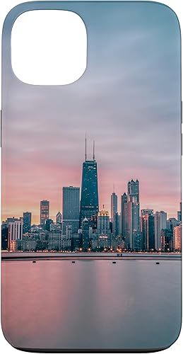 Funda para iPhone 13 Chicago City Skyline Rosa Azul Diseño Gráfico