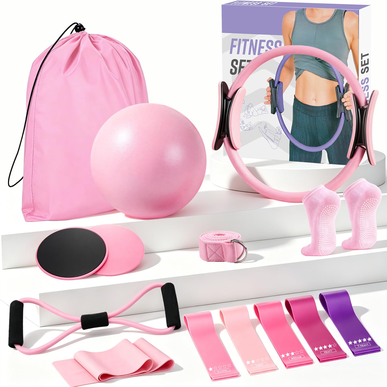 ZOBMIO Pilates Equipment,Pilates Kit 13Pcs Home Pilates Essentials Workout Kit with Ring,5 Bands and Training Poster & Portable Bag Resistance Bands for Home Pilates Kit for Women and Full Body Toning