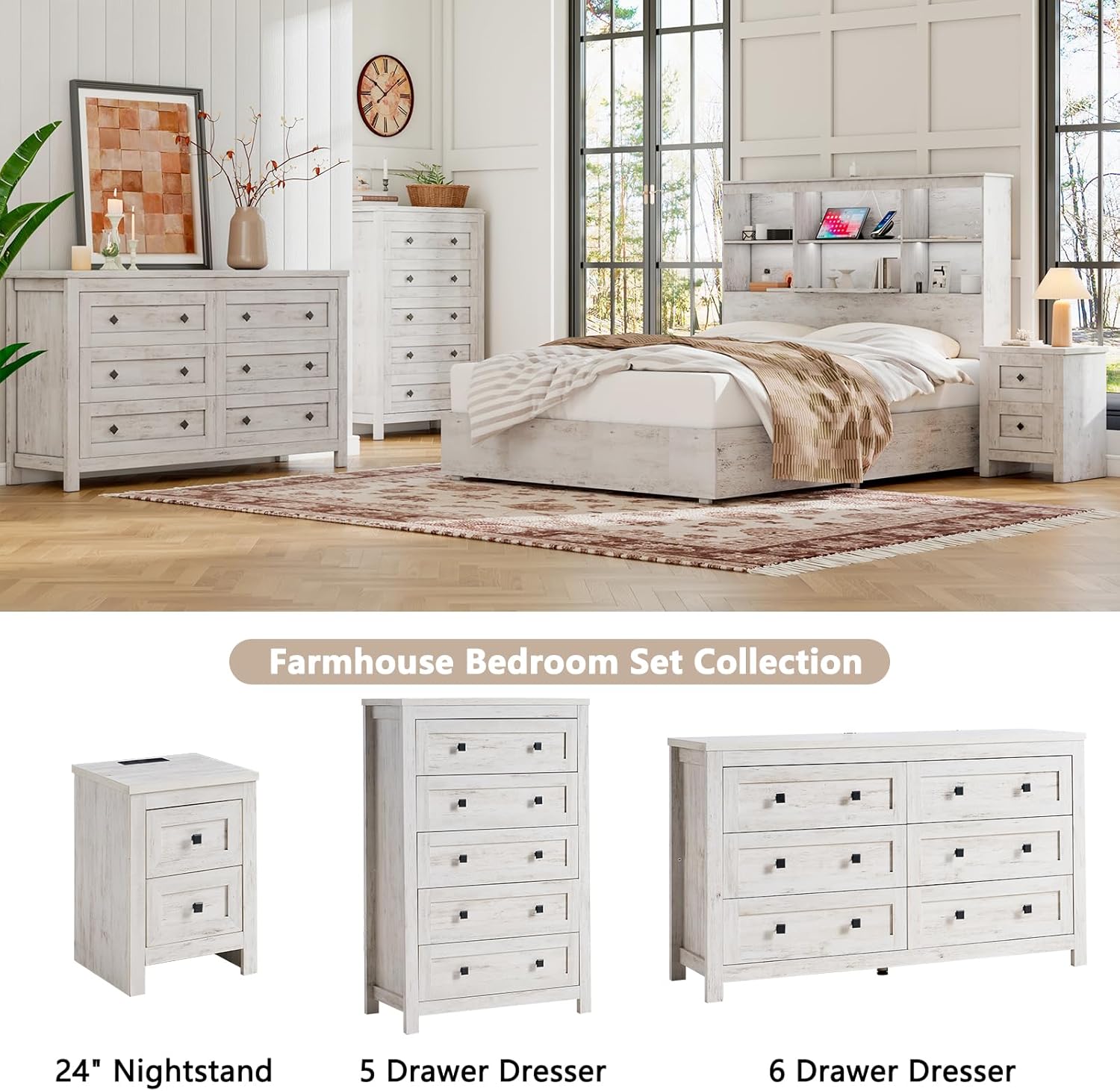 4 Pieces Farmhouse Bedroom Set, 1 X Wood Rustic 6 Drawer Storage Dresser, 1 X 5 Drawer Dresser, Nightstand Set of 2 with Charging Station, Farmhouse Bedroom Furniture Set, Rustic White