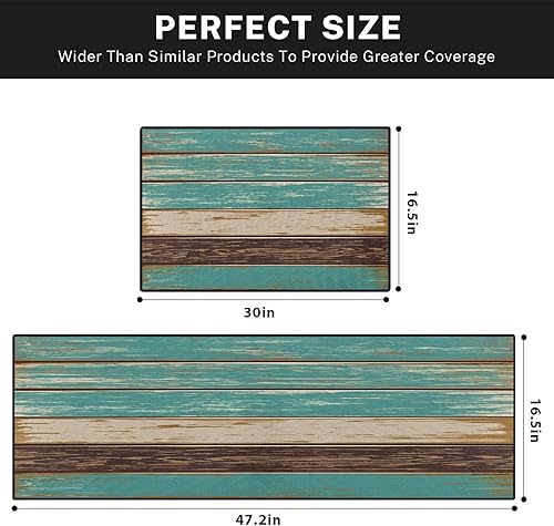 Miniatura 2 de Juego de 2 alfombras y tapetes rústicos de cocina antideslizantes, lavables, color verde azulado de madera para suelo, alfombra de pasillo de rayas