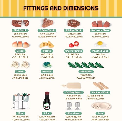 Miniatura 5 de RRIBOUDWAN Juguetes de madera para niños, juego de cocina incluye cuatro tipos de carne, pasta, ensalada de verduras y vino, juguetes para el