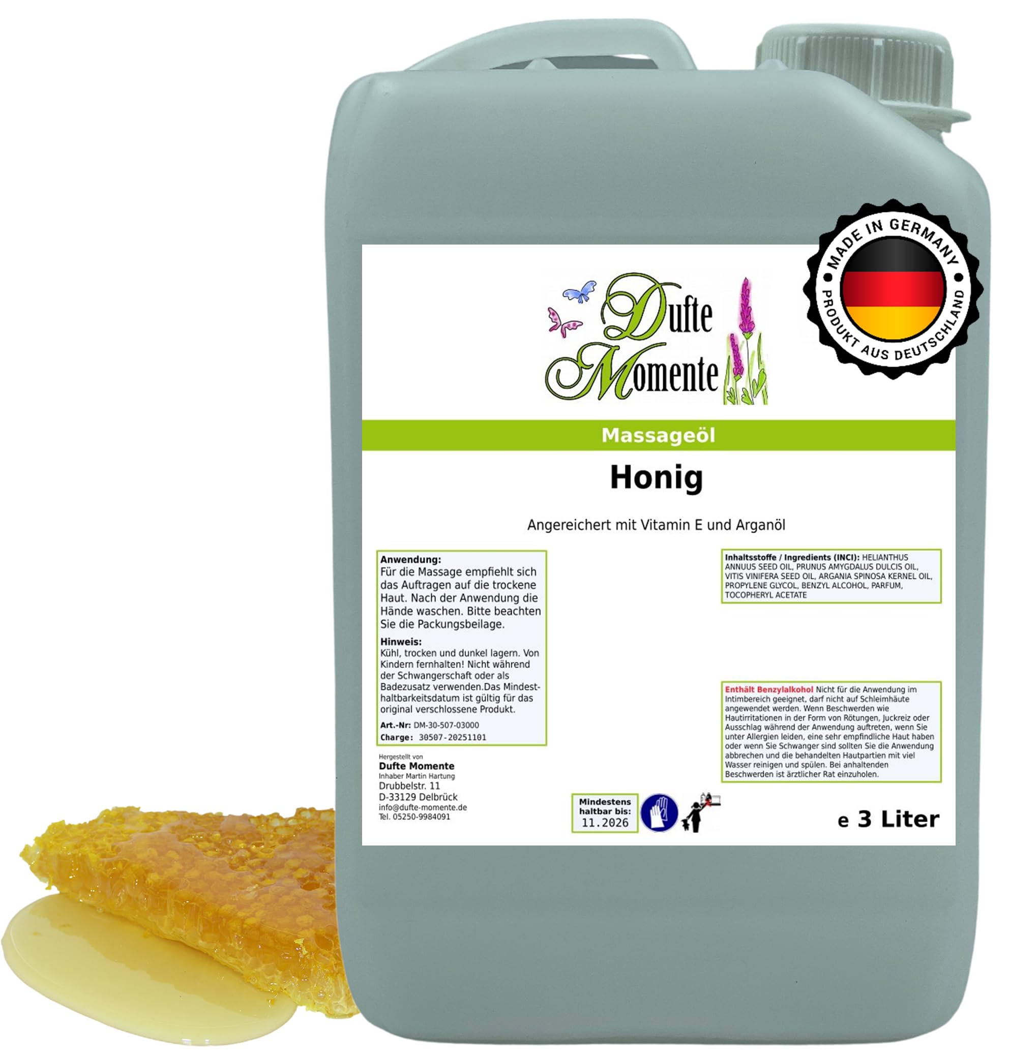 Dufte Momente Massageöl Honig – 3 Liter – Pflanzenölbasis mit warmem Honigduft – pflegend & wohltuend – für Massage & Wellness – vegan & Made in Germany