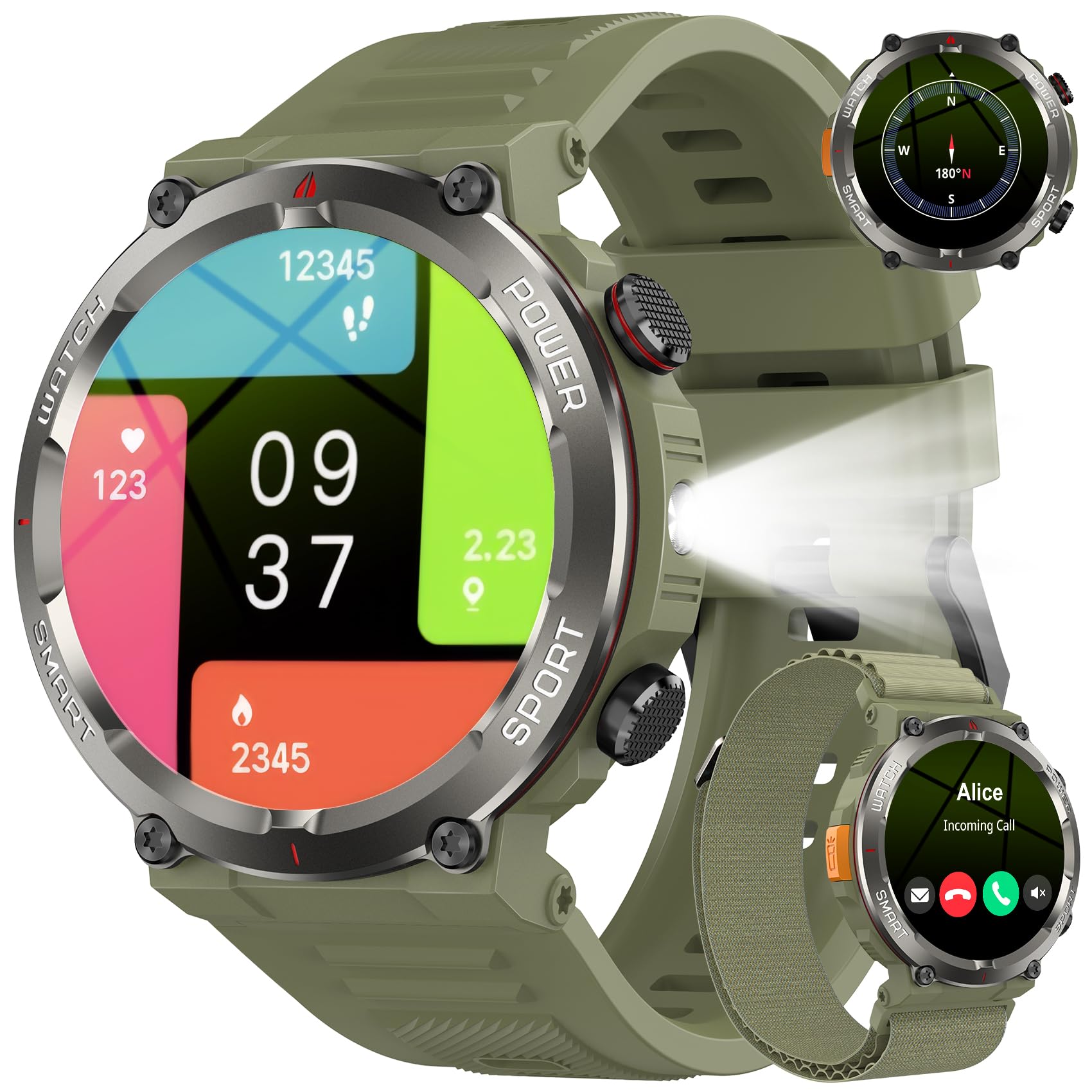 Reloj Inteligente Hombre, Smartwatch Hombre con Linterna y Brújula, 1.45" Smartwatch con Llamadas Bluetooth Monitor Sueño, 2 Correas,Pulsera Actividad Impermeable IP68