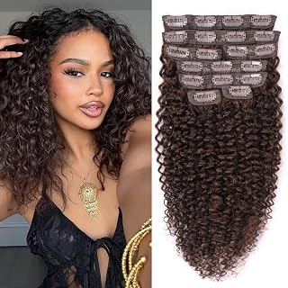 Chocolate Brown Kinky Curly Clip Ins 20 Inch 3C 4A Curly Clip In Hair Extension Real Human Hair Brazilian Remy Human Hair Extensions Double Weft 8Pcs 110g Natural Black - Amazon product rated Grade A