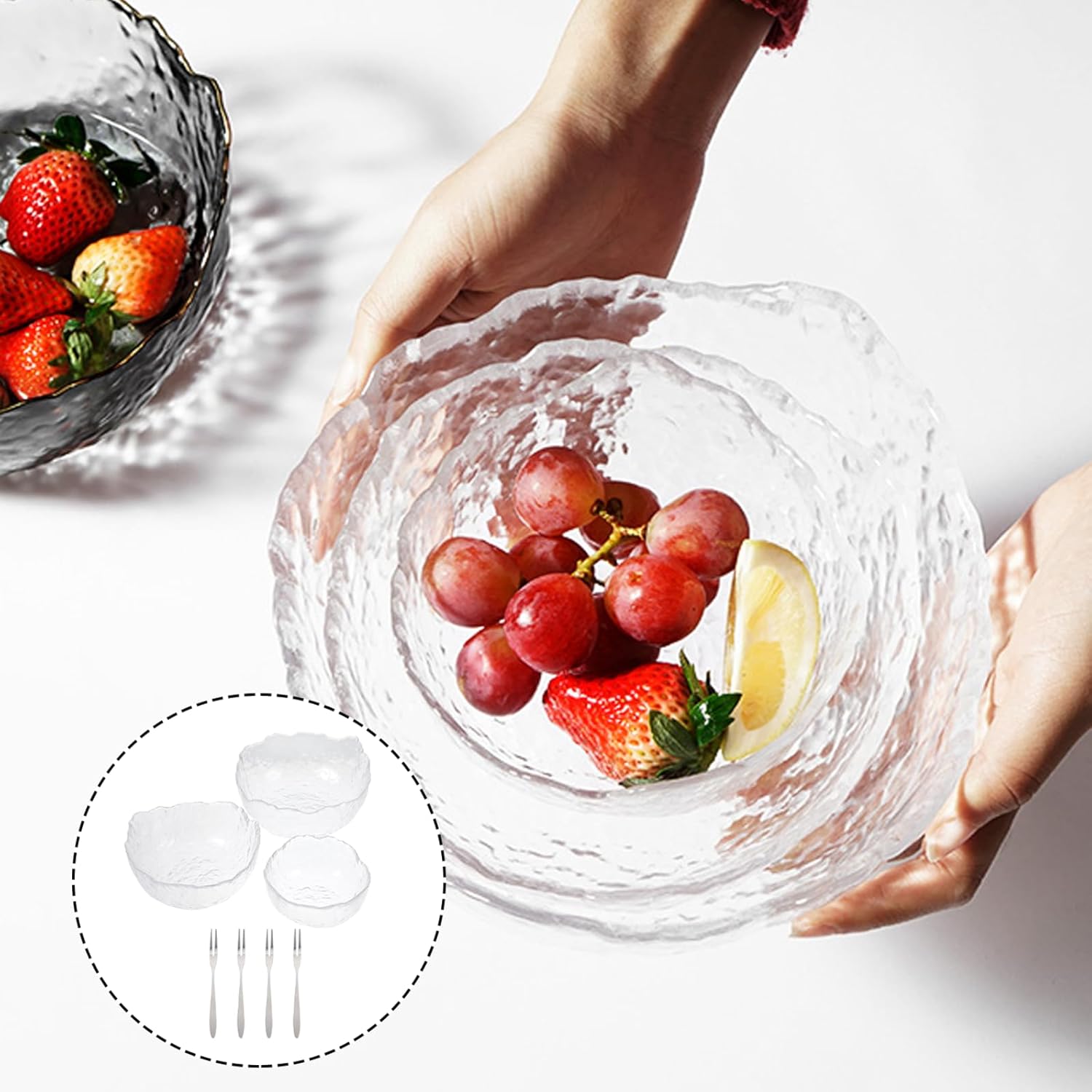 3pcs Japanese Hammered Texture Glass Salad and Fruit Bowl Set with 4 Forks, Kitchen Dinnerware for Serving Salads and Desserts