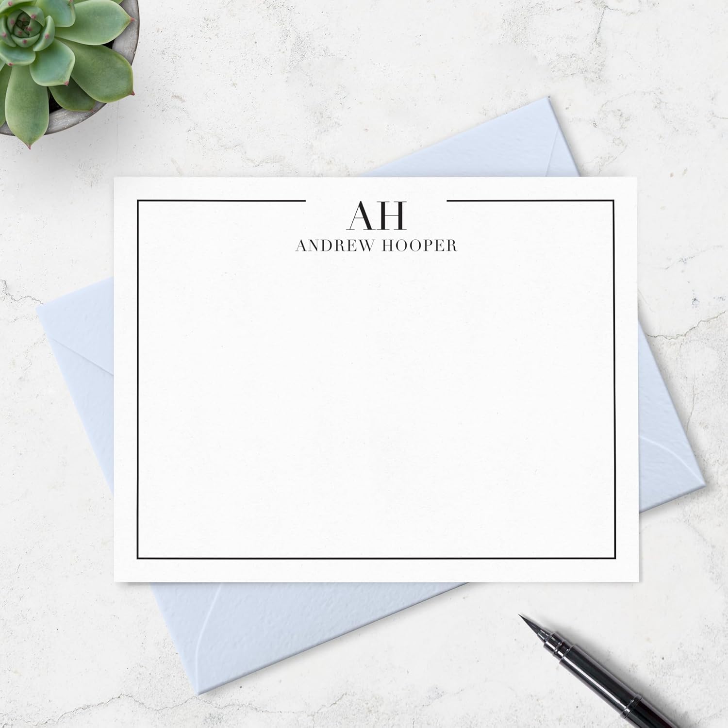 Fairmont & Grove Personalized Note Card & Envelope Stationary Set with Border, Monogram and Full Name, Custom Stationery Set of Flat Notecards in Choice of Colors Paper Co. (Style #3)