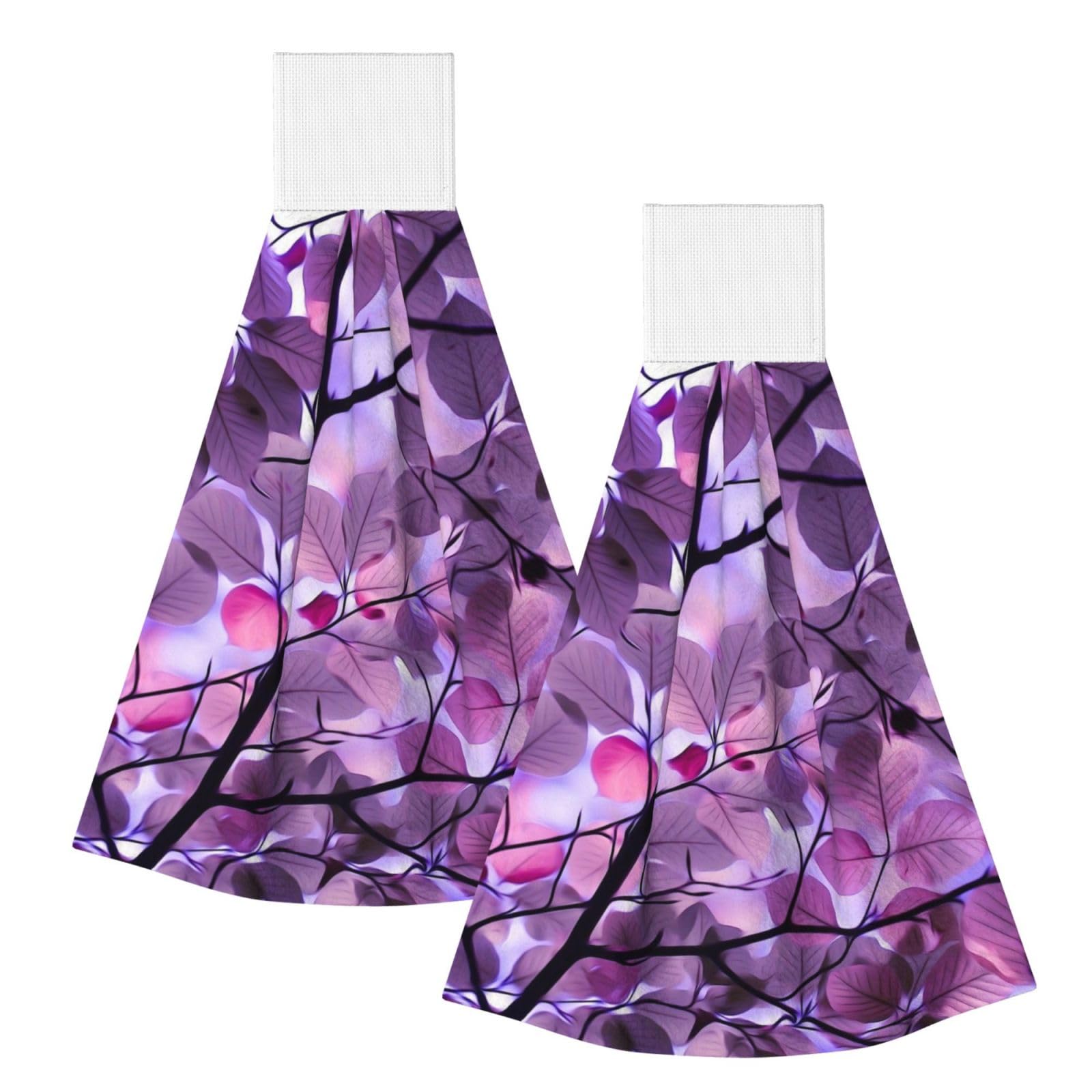 DOPKLNA Purple Leaf, 2 Pcs Hanging Coral Fiber Hand Towels for Bathroom, Absorbent Kitchen Towels