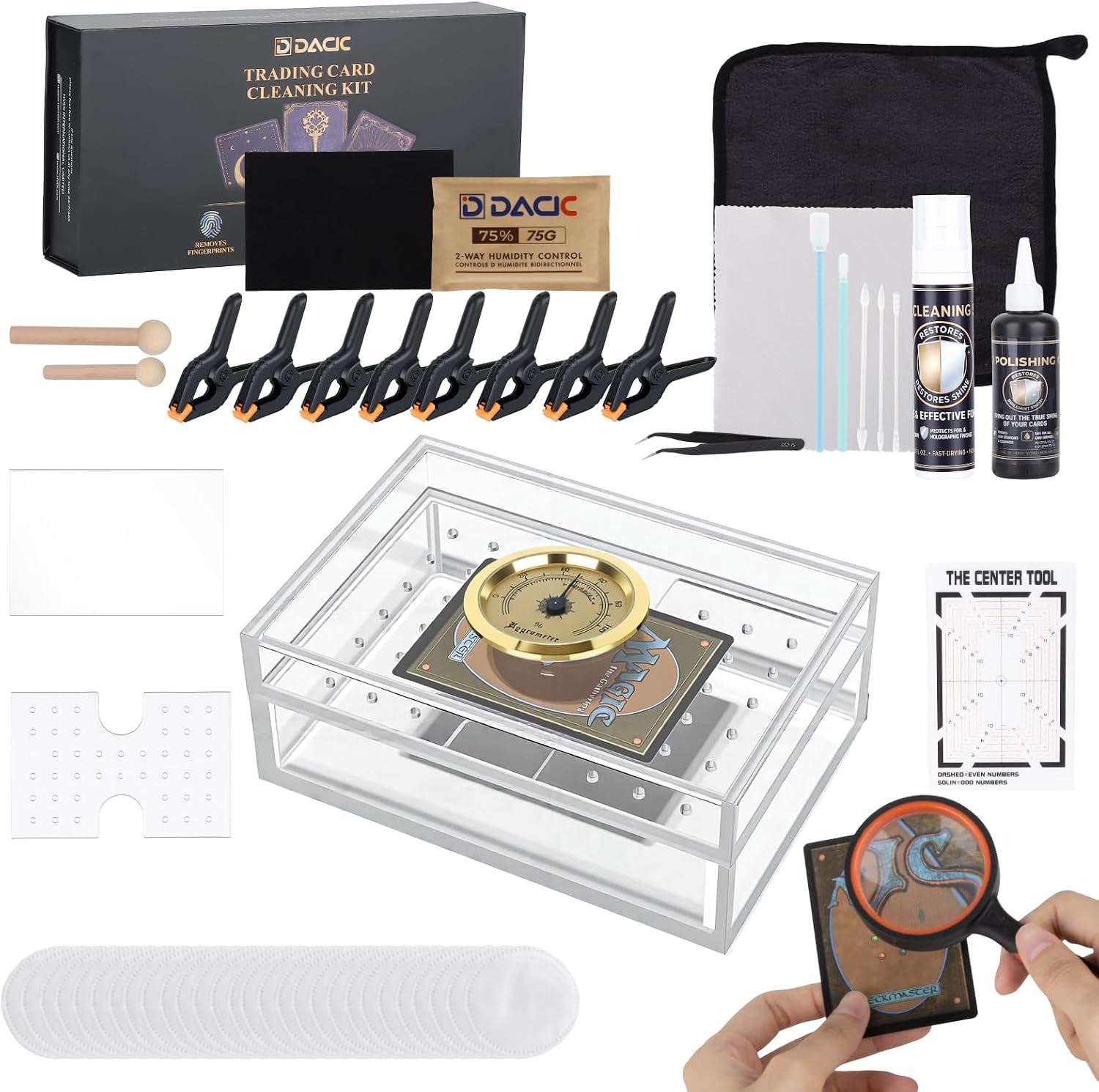 DACK 17-in- 1 Card Cleaning Kit with Humidor Box,Card Restoration kit and Card Care Clean Kit for Card Cleaning, Card Restoration & Flattening Kit, Suitable for PSA Rated Card Care