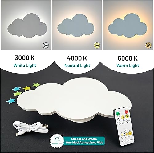 Miniatura 6 de Cloud Lights - Lámpara de nube para decoración de guardería, lámparas recargables para bebé con control remoto, lámpara colgante para guardería, luz