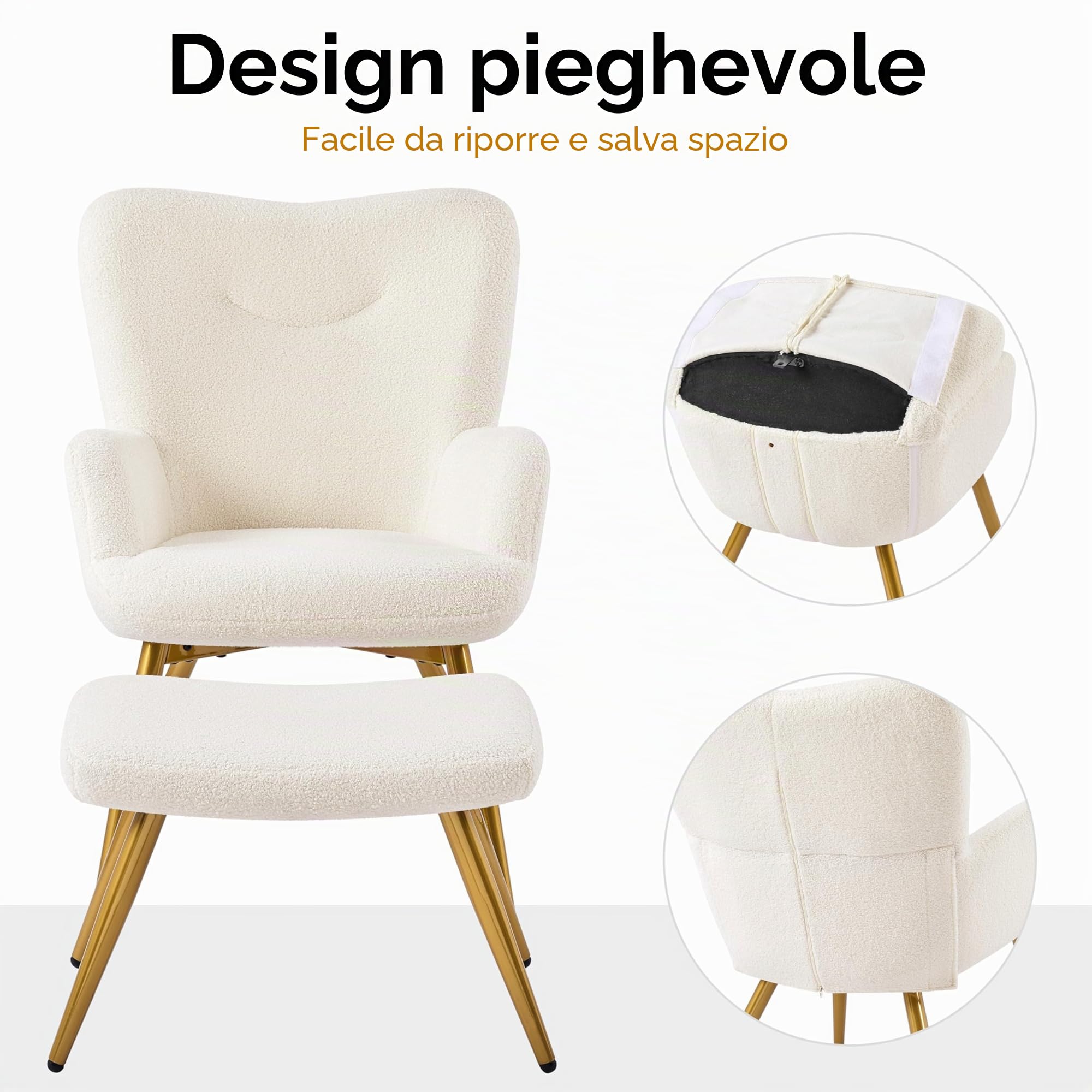 Yaheetech Poltrona Imbottita con Sgabello Poltrocina in Tessuto Boucle con Schienale Pieghevole Gambe in Metallo Sedia per Soggiorno Camera da Letto Lettura Caffè Avorio