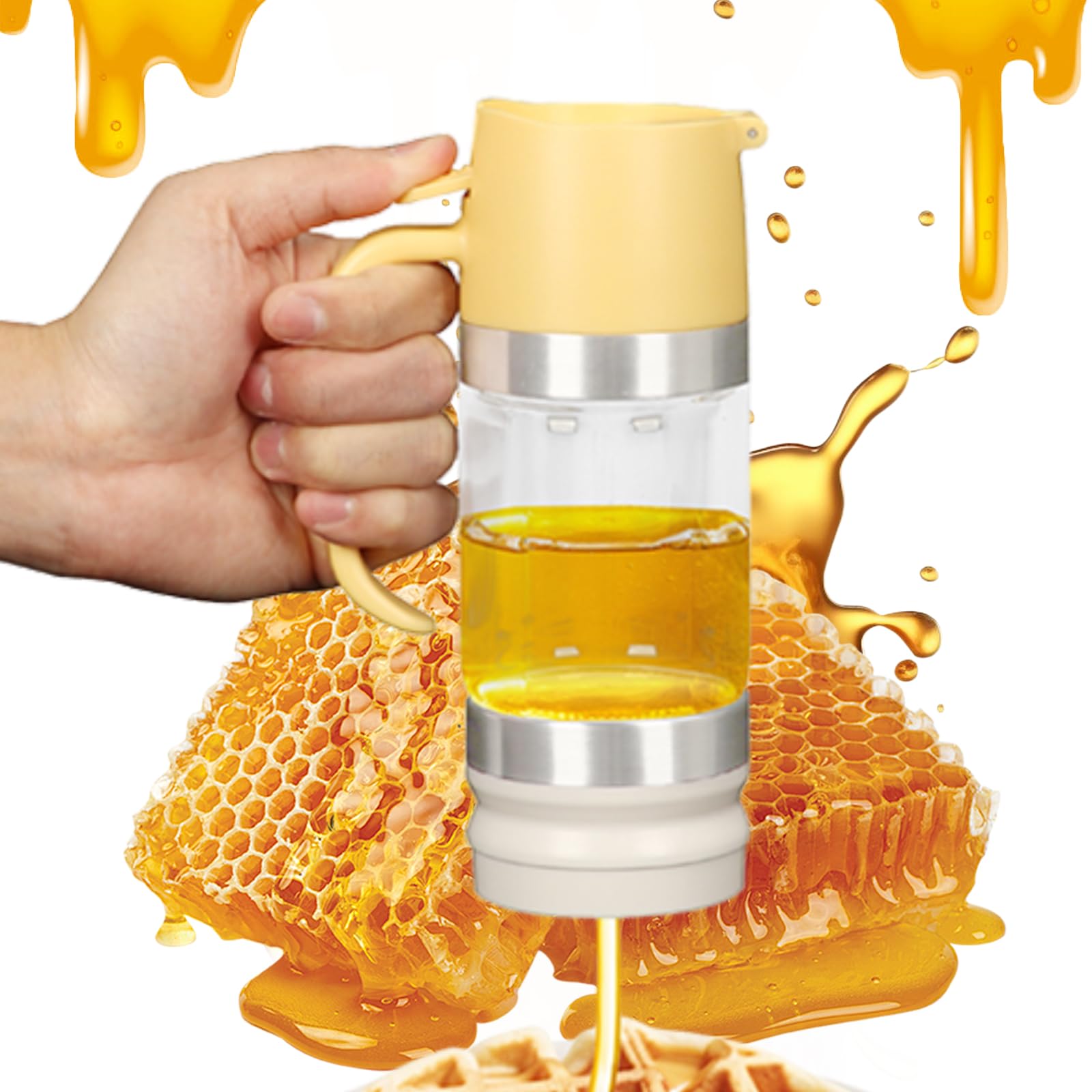 Tefola Dispenser per miele, in vetro, per sciroppo d'acero, antigoccia, con manico, accessori per caffetterie per pancake, caffè, ciotole per cereali, insalata, cucina e bar (giallo, 315ml)