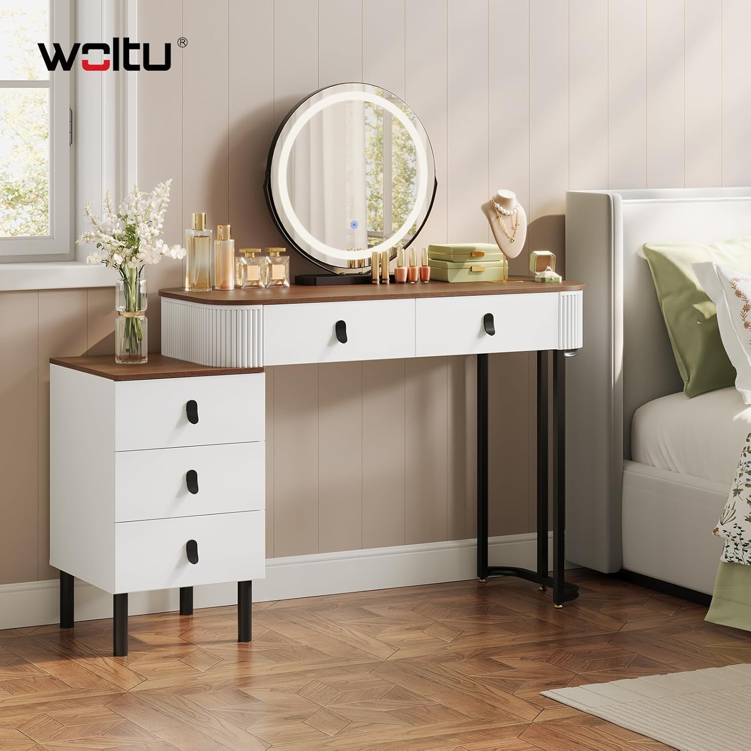 WOLTU Postazione Trucco, Toeletta con Luci Dimmerabili, con Specchio Rimovibile, Consolle da Trucco per Donna, Cassettiera Spostabile