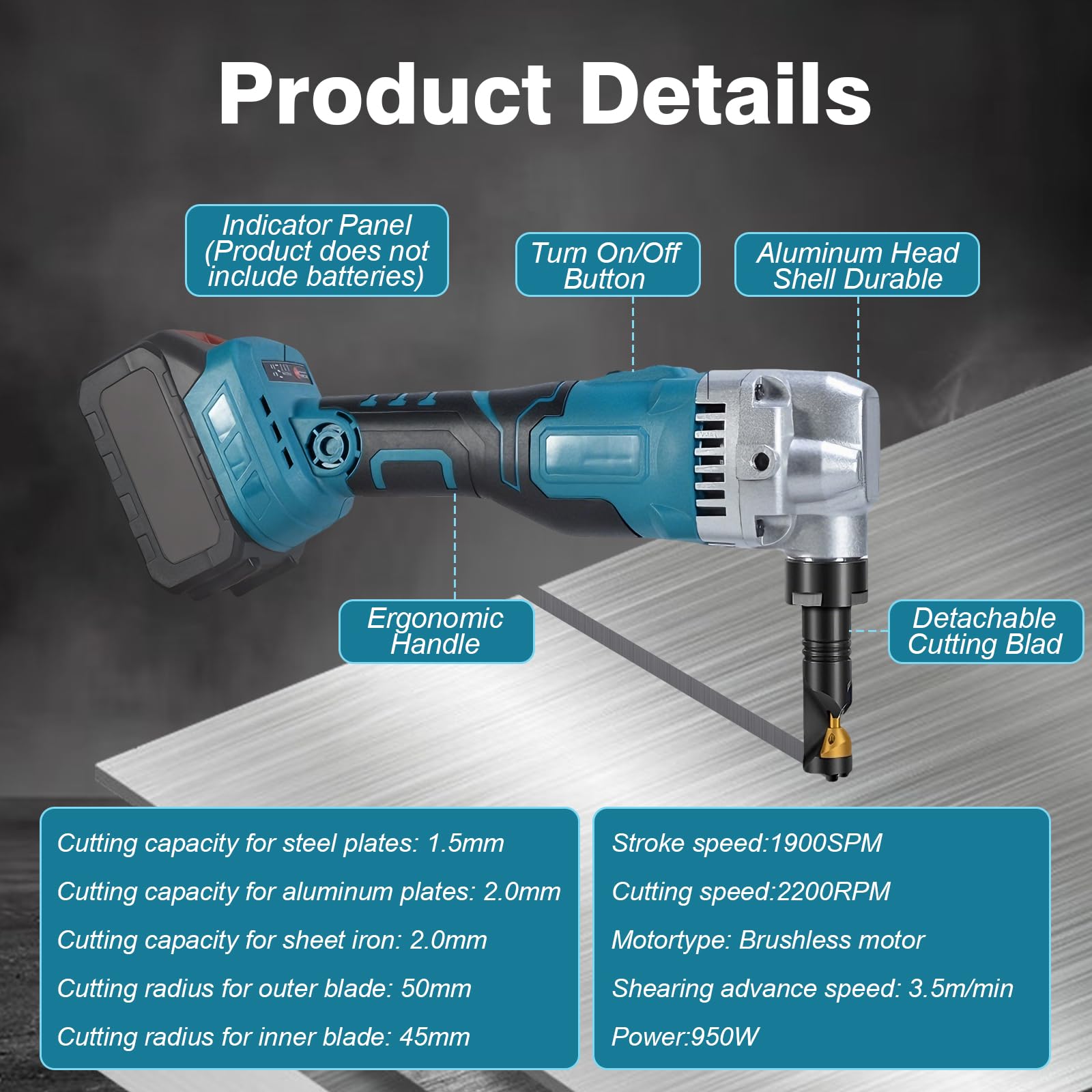 Makita Compatible Grignoteuse Électrique Sans Fil 950W 18V 3.5m/min 1900 SPM Tête Rotative 360° 3 Vitesses