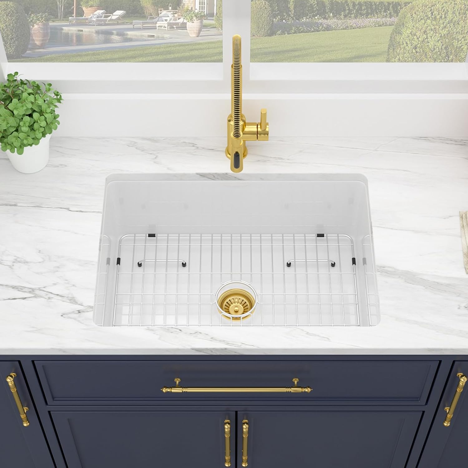 Kichae 27 Inch White Undermount Sink Fireclay 27x19 Inch Dual Drop in & Undermount Kitchen Sink Single Bowl Deep Porcelain Ceramic