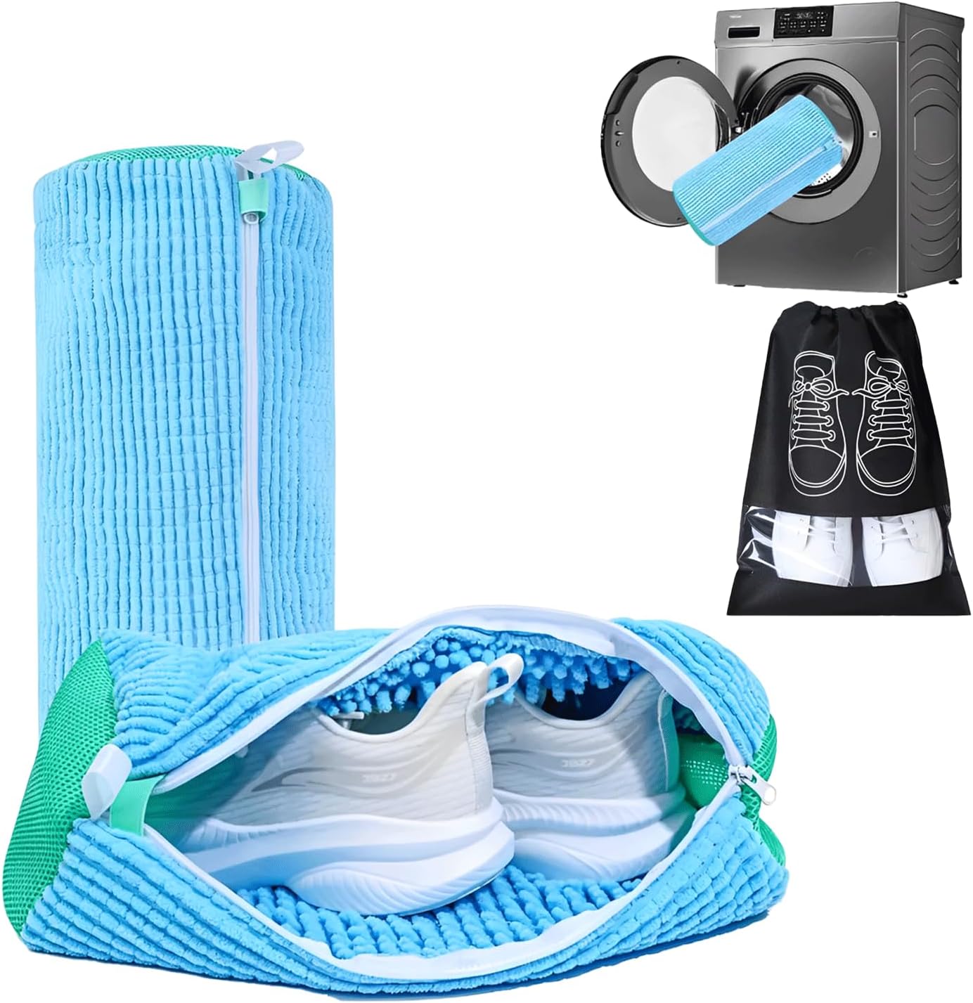 XXL- 2 Pack Shoe Washing Machine Bag with Shoe storage bag - 360° Durable Shoe Laundry Bag-Hanging Zipper Shoe Dryer Bag- Chenille Fiber Laundry Shoe Bag for Washing Machine and Dryer (Blue)