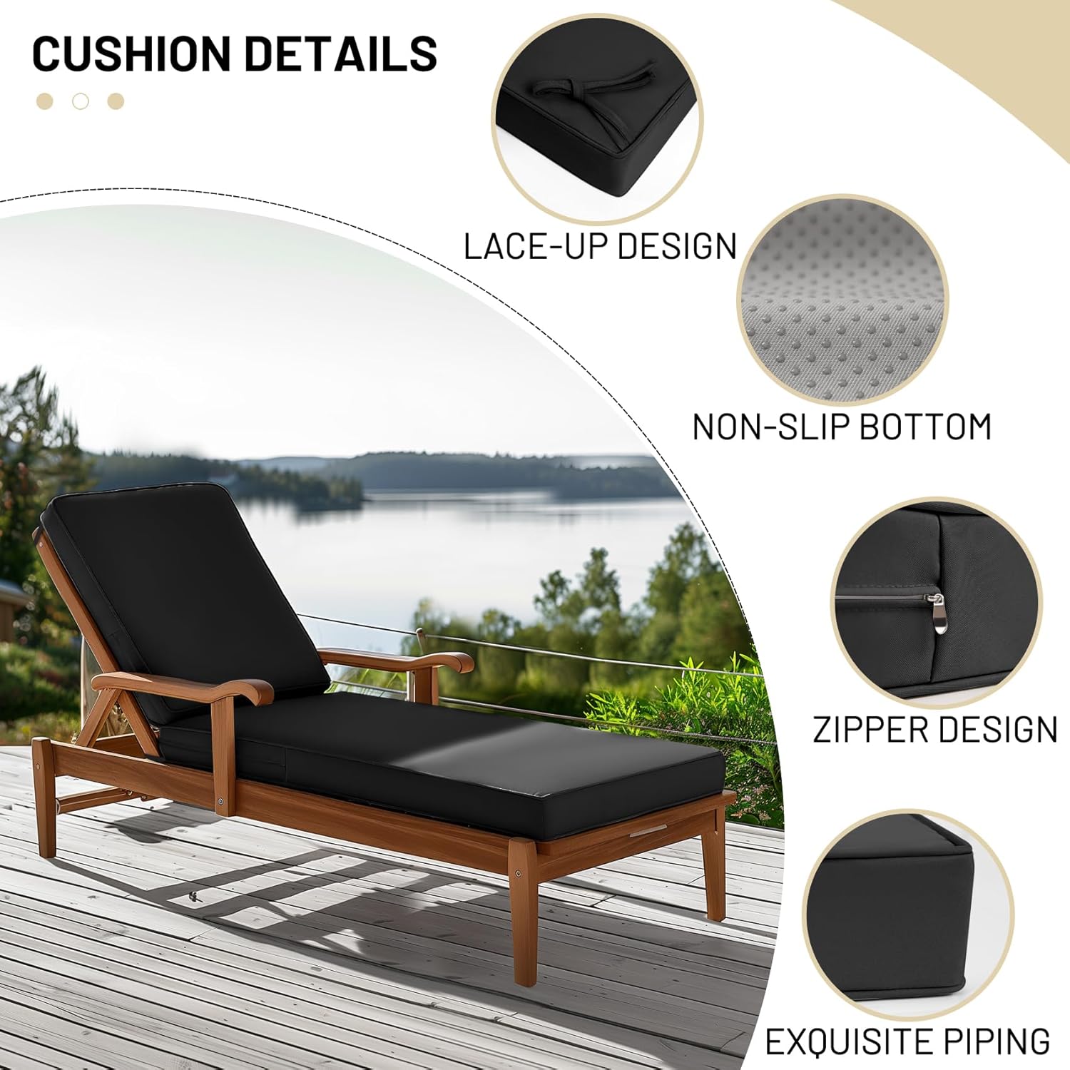 Lokex Outdoor Recliner Pad, Waterproof and Removable, 72x21x3 inches, Suitable for Outdoor Furniture, Features Straps and Non-Slip Bottom