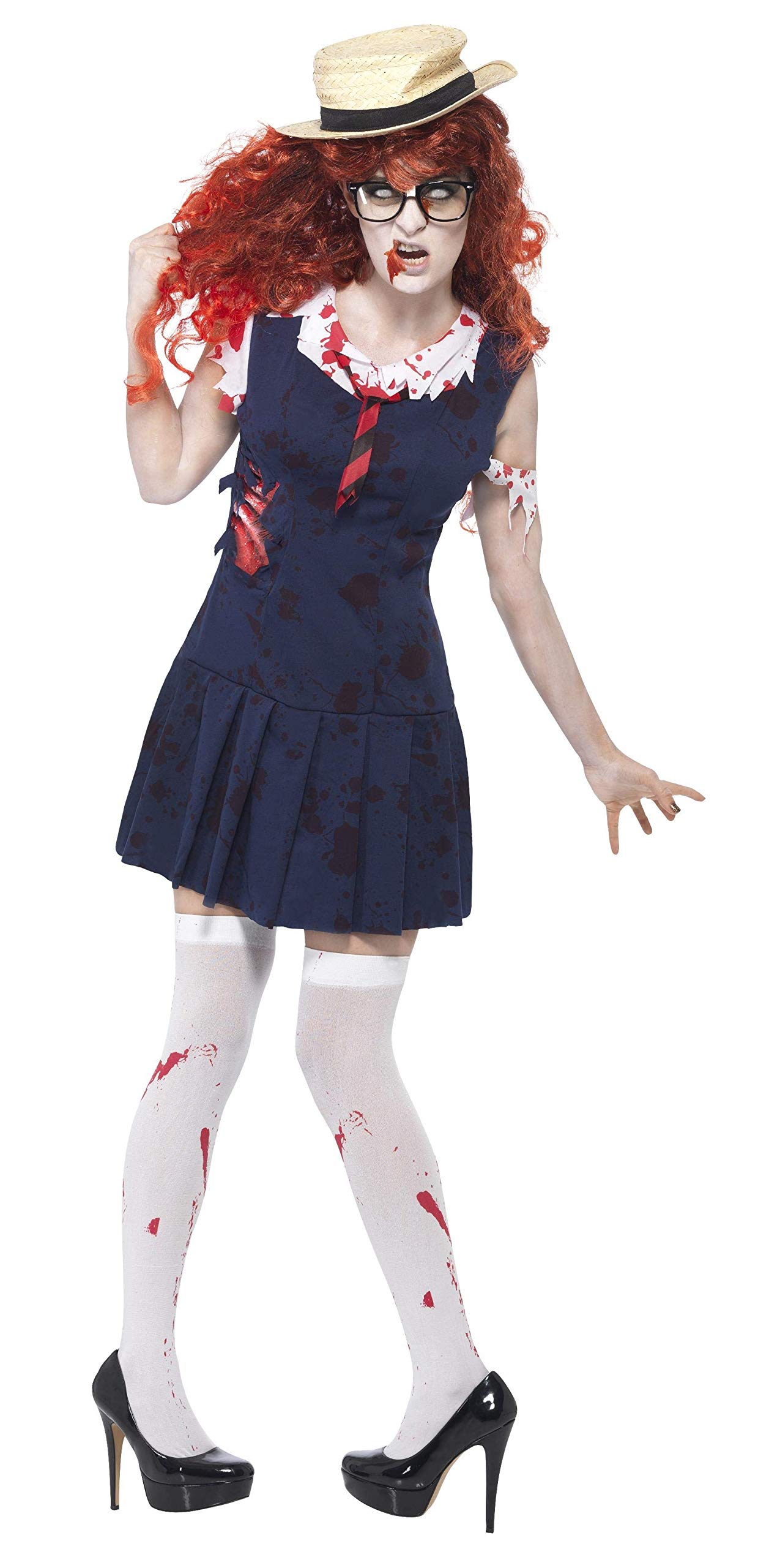 Smiffys Women's Zombie College Student, Dress & Hat, High School Horror, Size: S, Colour: Navy, 40064