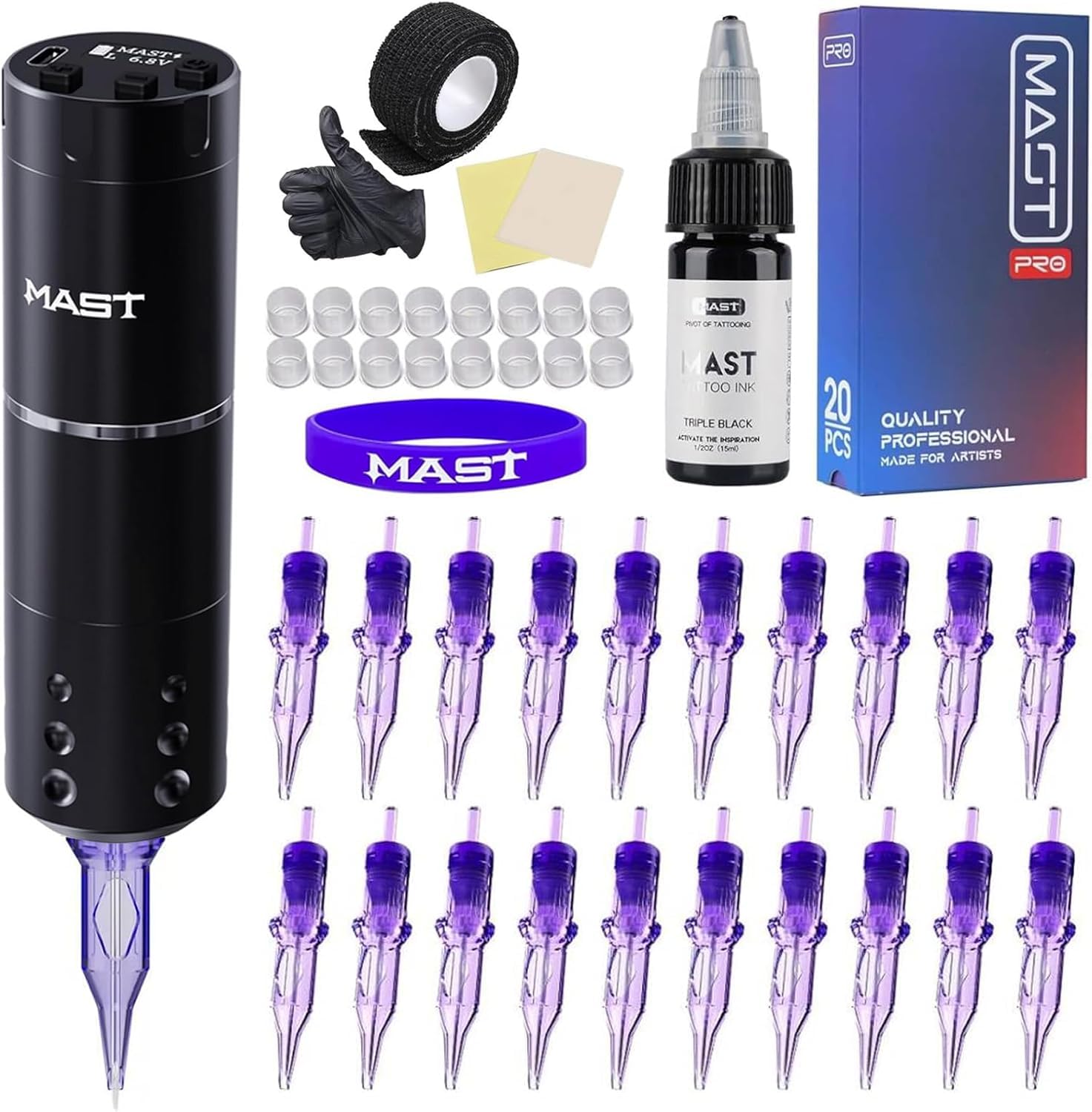 Mast tattoo Mast A1 Rotary Draadloze tatoeagemachine met 1700 mAh accu, tattoopistool, 20 stuks tattoo-naaldenmodules, tattoo-kleuren, voor beginners