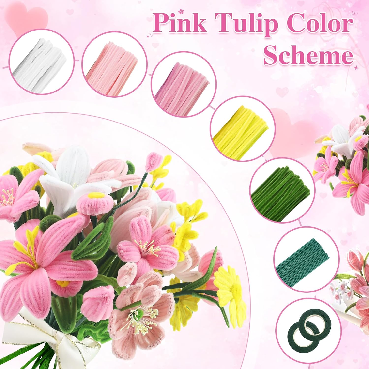 600 Pcs Pipe Cleaners Craft,11 Assorted Colors Pipe Cleaners Bulk, Chenille Stems for DIY Flower Making Kit with Floral Wires, Gardening Tape,Stamen& Ribbon