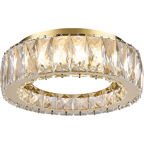 Crystal Gold Flush Mount Ceiling Light Fixture,Dimmable LED 5CCT 3000K-6000K Chandelier,11 Inch Modern Small 24W Round Lighting Fixtures for Kitchen Hallway Foyer Laundry Room