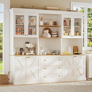 ivaniti 71" Farmhouse Kitchen Pantry Cabinet Set of 3, White Freestanding Coffee Bar Hutch with Glass Doors, Drawers & Adjustable Shelves, Large Storage Cabinet with Microwave Stand for Kitchen