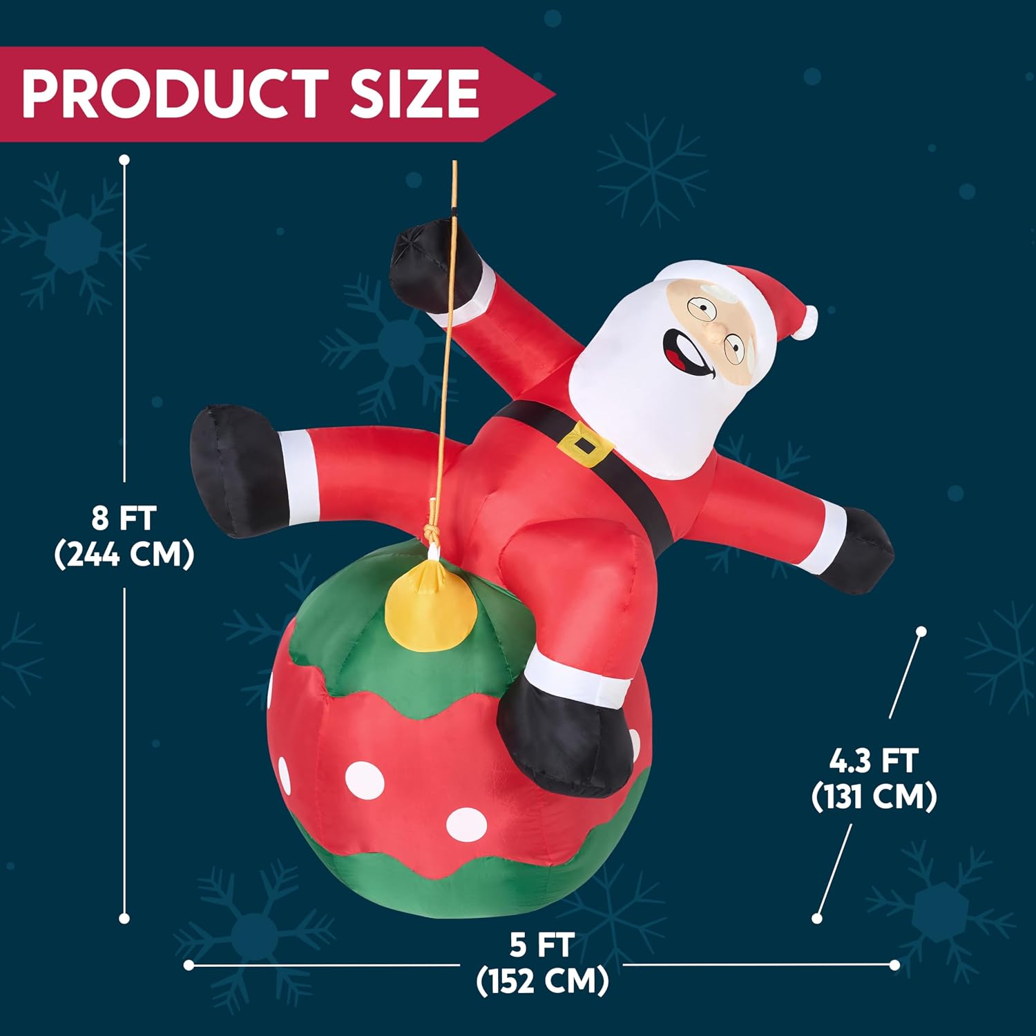 Joiedomi 8 FT Tall Christmas Inflatable Santa Swinging on Christmas Ornament, Blow Up Hanging Santa Outdoor Decoration with Build-in LEDs for Xmas Party Decor Yard Garden Indoor Holiday Decoration