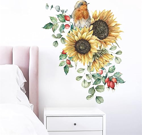 Miniatura 2 de Calcomanías de pared de girasol, pájaro, jardín, colibrí, flores, calcomanías de pared para dormitorio, sala de estar, TV, arte de pared, decoración