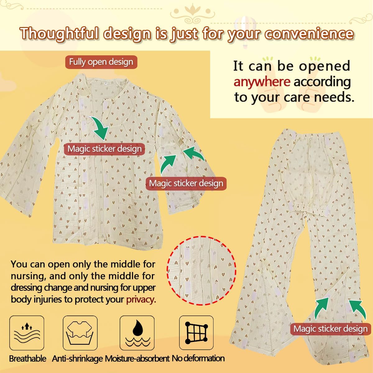 Women's Bedridden Patient Clothing,Fracture Suit,Disability Set with Full Opening on Both Sides,Suitable for Post Surgery Dialysis,Injuried Patients,Paralyzed Elderly(Small Love,L)