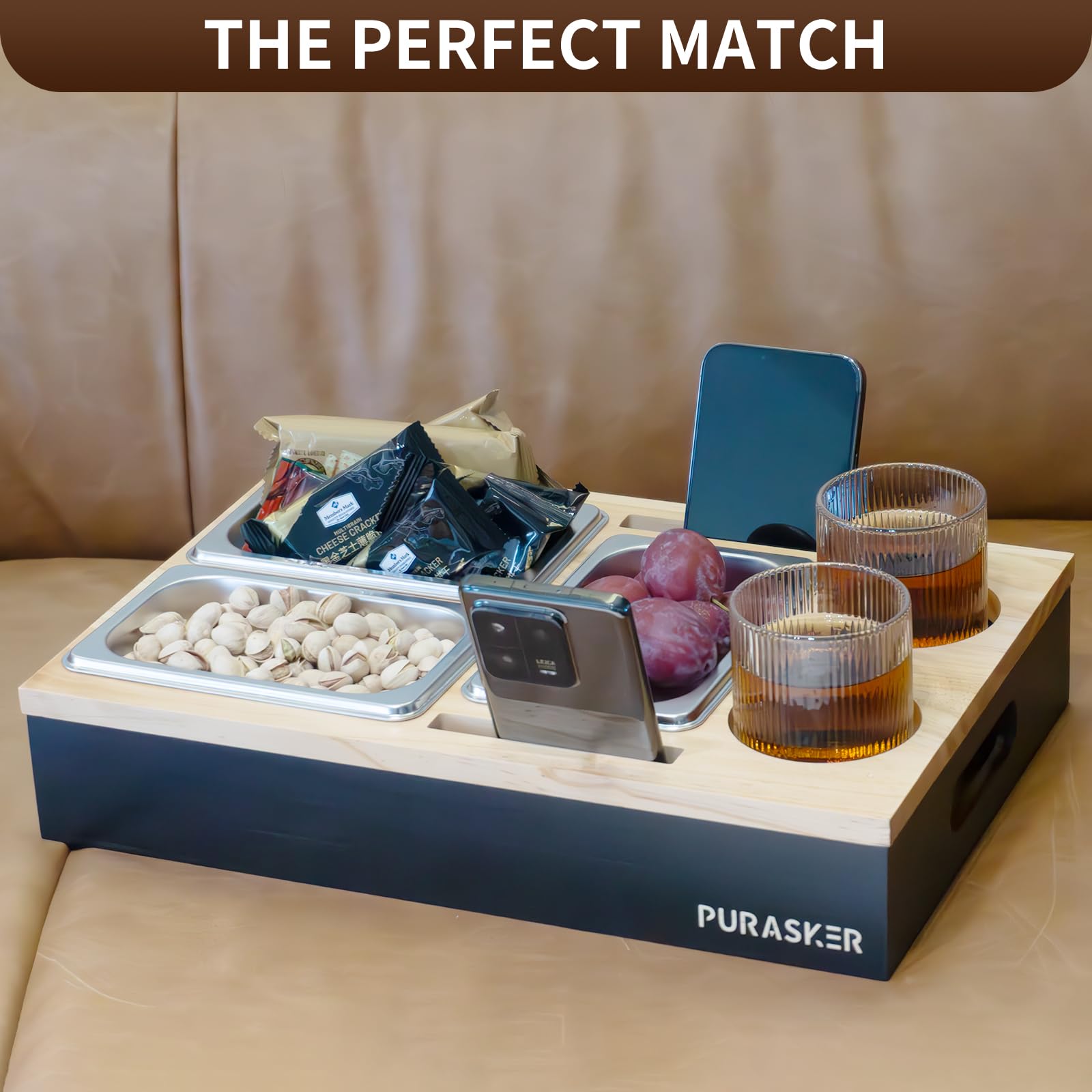 Couchbar Snackbox mit Getränkehalter, Sofatablett Snackschale mit 3 Fächern Holz Snackspender Robust und Umweltfreundlich (Packung mit 2)