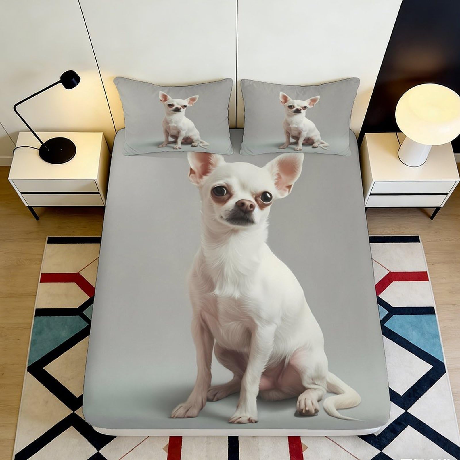 3D Printed White Chihuahua Fitted Sheet Microfiber Soft Breathable Dog Pattern Mattress Cover for Bedroom Decor 120x200x25cm
