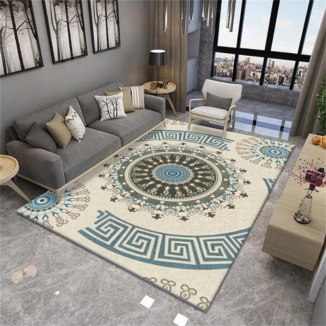 Balkon Teppich Wasserfest Fußmatte Klein Nicht verblassender Blauer großflächiger rundes quadratisches geometrisches Design Auslegware Teppichboden 70X140CM