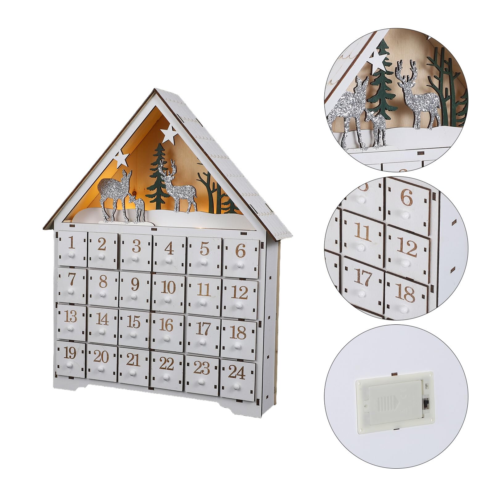 Calendario de Adviento de Madera con Luces LED y Reutilizables Decoración Navideña con Diseño de Casa y Reno para Almacenamiento y Regresiva